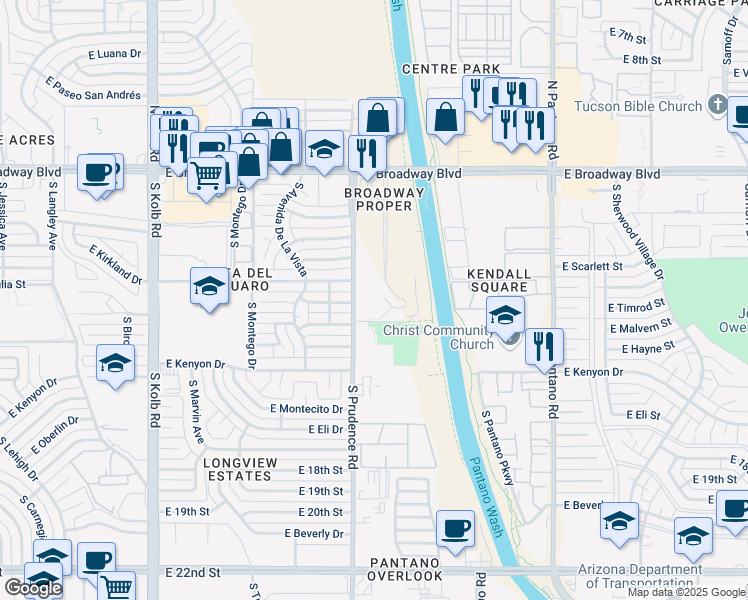 map of restaurants, bars, coffee shops, grocery stores, and more near 400 South Broadway Place in Tucson