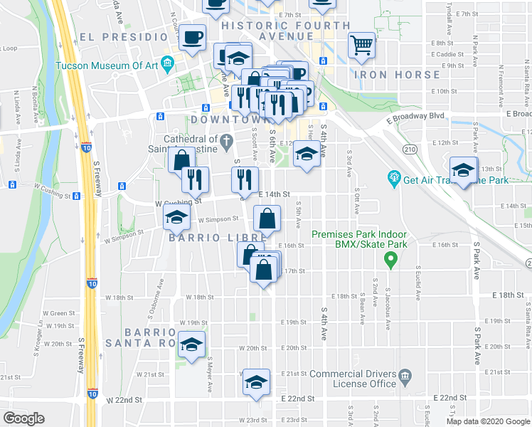 map of restaurants, bars, coffee shops, grocery stores, and more near 405 South 6th Avenue in Tucson