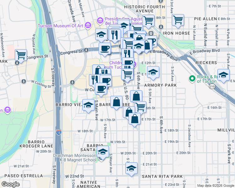 map of restaurants, bars, coffee shops, grocery stores, and more near 312 South Convent Avenue in Tucson