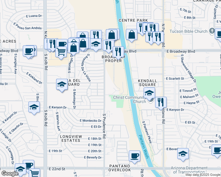 map of restaurants, bars, coffee shops, grocery stores, and more near 400 South Broadway Place in Tucson