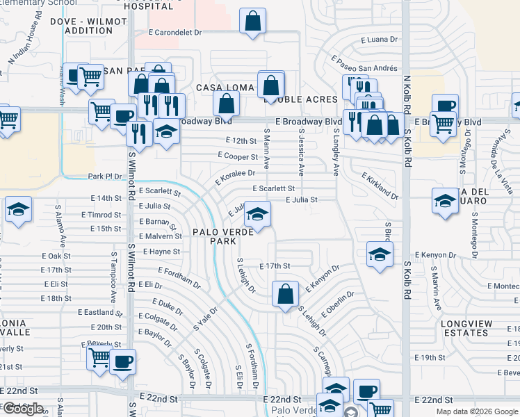 map of restaurants, bars, coffee shops, grocery stores, and more near 6659 East Julia Street in Tucson