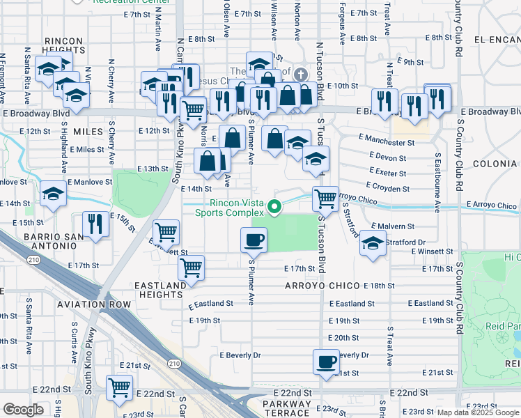 map of restaurants, bars, coffee shops, grocery stores, and more near 2229 East Parkway Terrace in Tucson