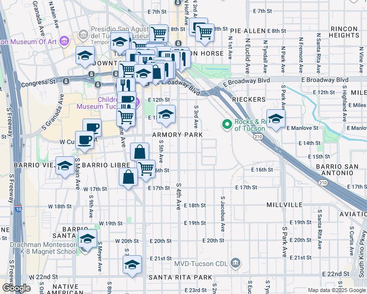 map of restaurants, bars, coffee shops, grocery stores, and more near 405 South 4th Avenue in Tucson