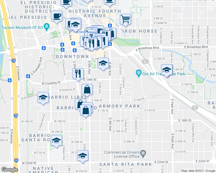 map of restaurants, bars, coffee shops, grocery stores, and more near 405 South 4th Avenue in Tucson