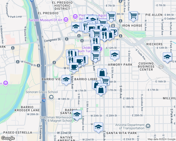 map of restaurants, bars, coffee shops, grocery stores, and more near 312 South Convent Avenue in Tucson