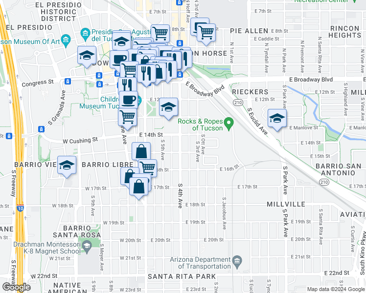 map of restaurants, bars, coffee shops, grocery stores, and more near 427 South 4th Avenue in Tucson