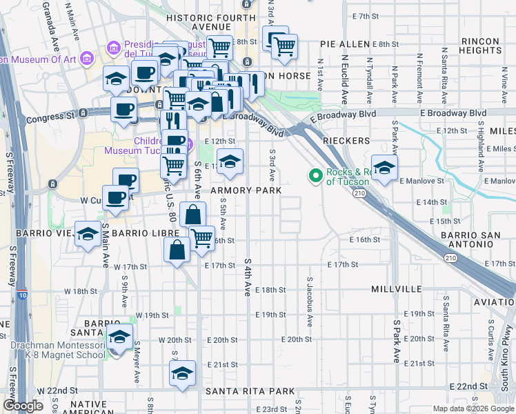 map of restaurants, bars, coffee shops, grocery stores, and more near 405 South 4th Avenue in Tucson