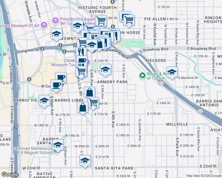 map of restaurants, bars, coffee shops, grocery stores, and more near 405 South 4th Avenue in Tucson