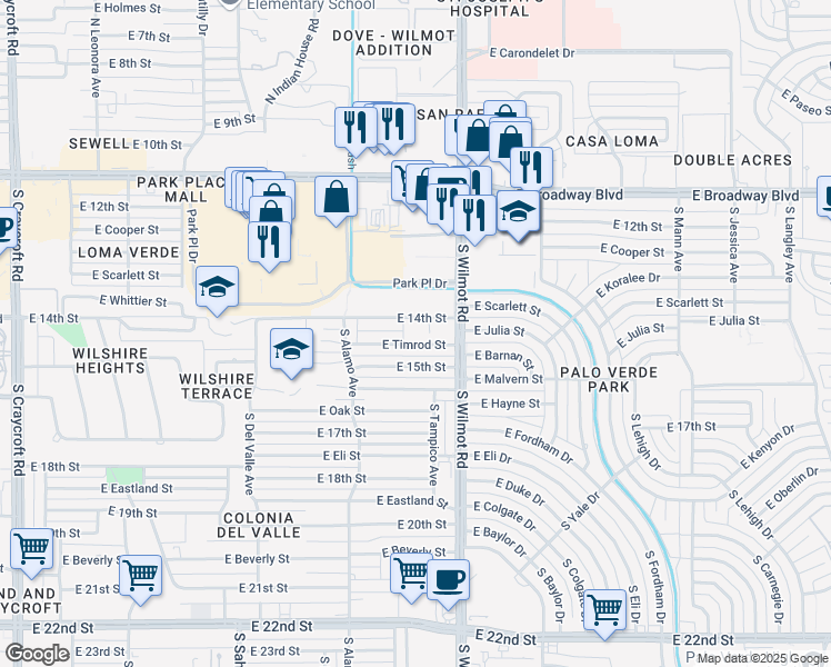 map of restaurants, bars, coffee shops, grocery stores, and more near 320 South Wilmot Road in Tucson