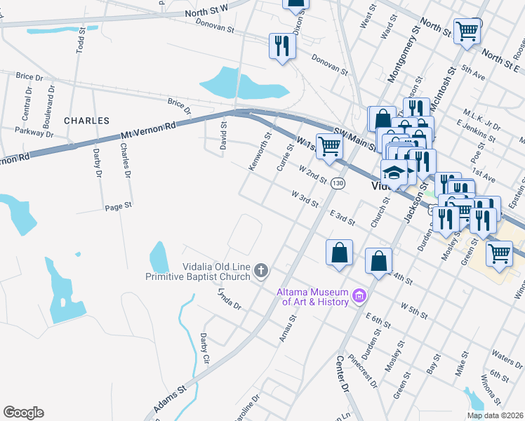 map of restaurants, bars, coffee shops, grocery stores, and more near 406 Currie Street in Vidalia