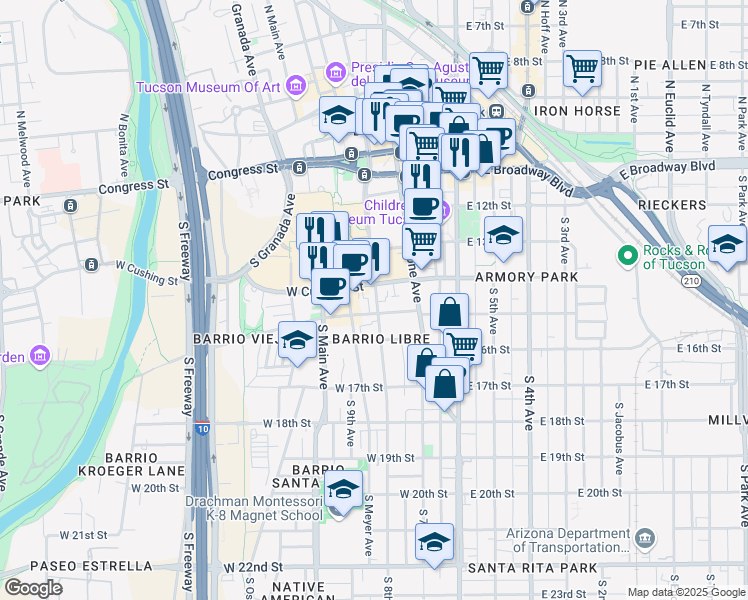map of restaurants, bars, coffee shops, grocery stores, and more near 312 South Convent Avenue in Tucson
