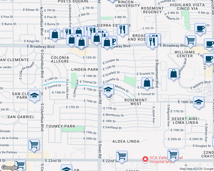 map of restaurants, bars, coffee shops, grocery stores, and more near 4724 East Melissa Street in Tucson