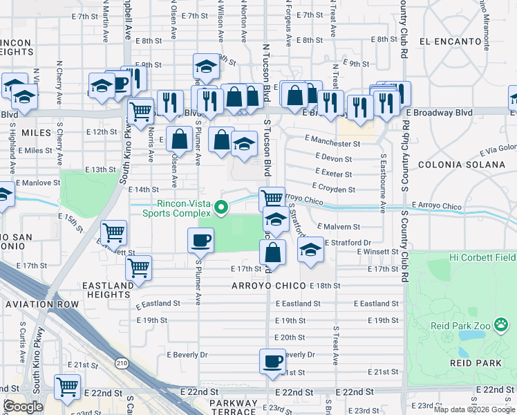map of restaurants, bars, coffee shops, grocery stores, and more near 390 South Tucson Boulevard in Tucson