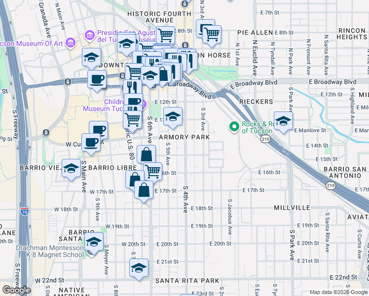 map of restaurants, bars, coffee shops, grocery stores, and more near 405 South 4th Avenue in Tucson