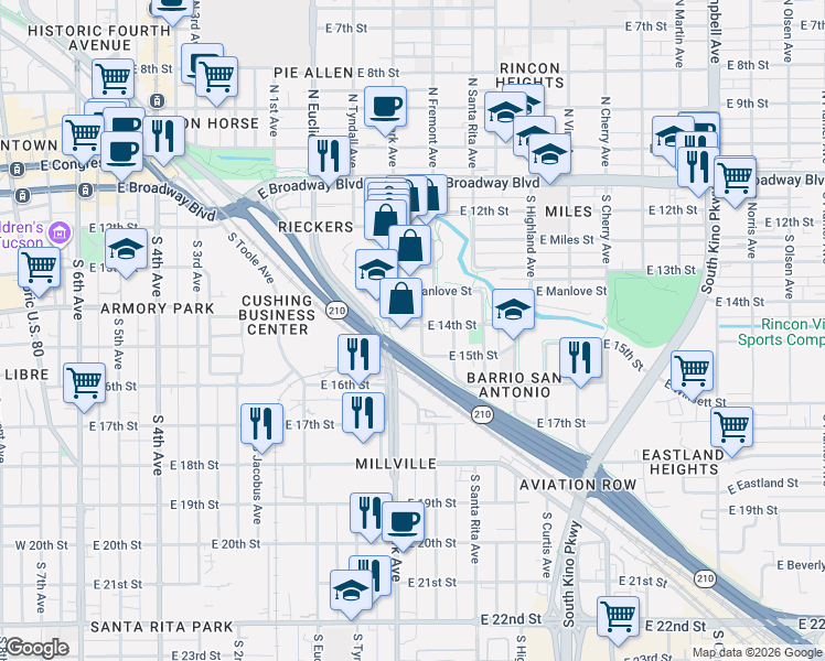map of restaurants, bars, coffee shops, grocery stores, and more near 435 South Fremont Avenue in Tucson
