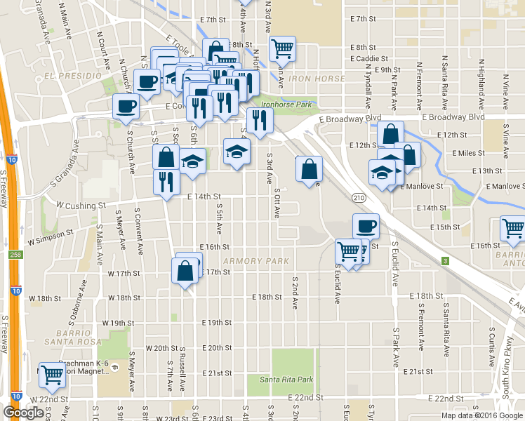 map of restaurants, bars, coffee shops, grocery stores, and more near 428 South 3rd Avenue in Tucson