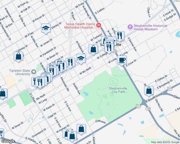 map of restaurants, bars, coffee shops, grocery stores, and more near 790 West Mc Neill in Stephenville