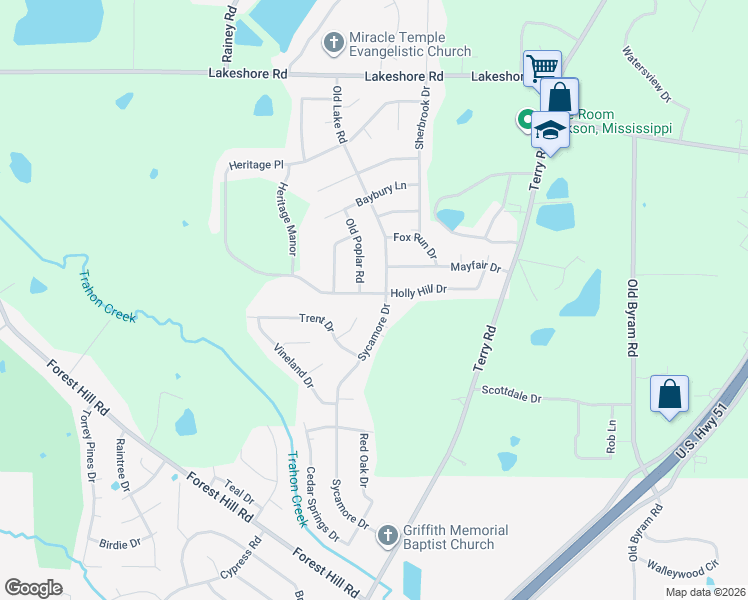 map of restaurants, bars, coffee shops, grocery stores, and more near 208 Holly Hill Drive in Jackson