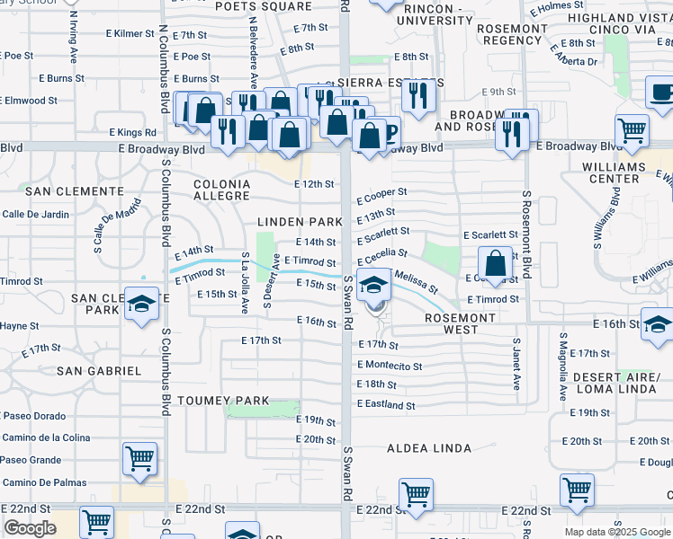 map of restaurants, bars, coffee shops, grocery stores, and more near 4625 East Timrod Street in Tucson