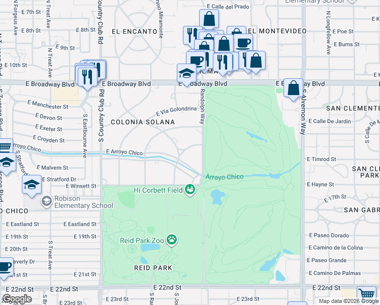 map of restaurants, bars, coffee shops, grocery stores, and more near 3448 East Vía Esperanza in Tucson