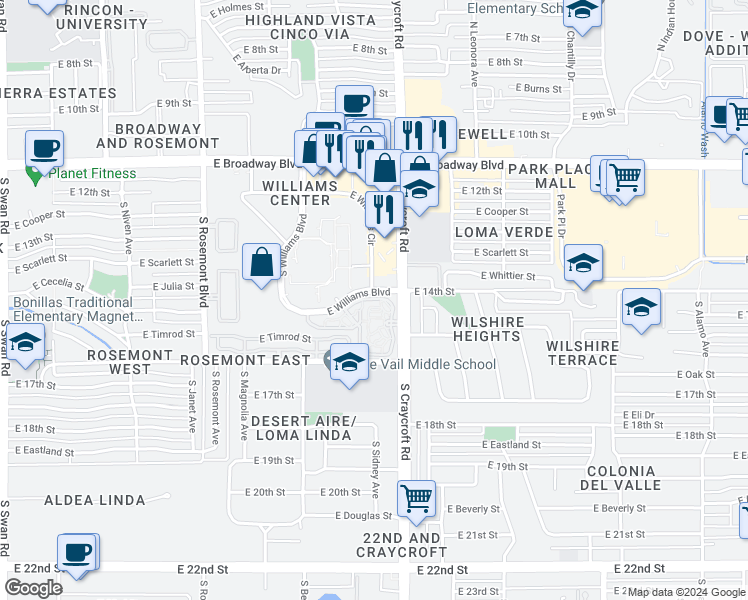 map of restaurants, bars, coffee shops, grocery stores, and more near 5411 East Williams Boulevard in Tucson