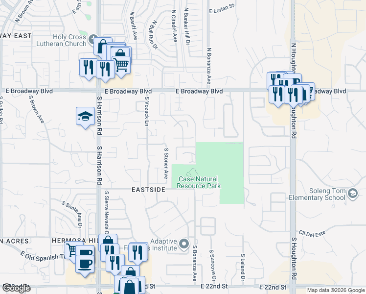 map of restaurants, bars, coffee shops, grocery stores, and more near 398 South Candlestick Drive in Tucson