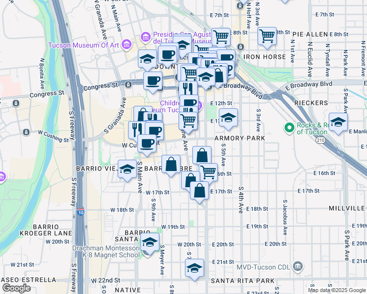 map of restaurants, bars, coffee shops, grocery stores, and more near 345 South Stone Avenue in Tucson