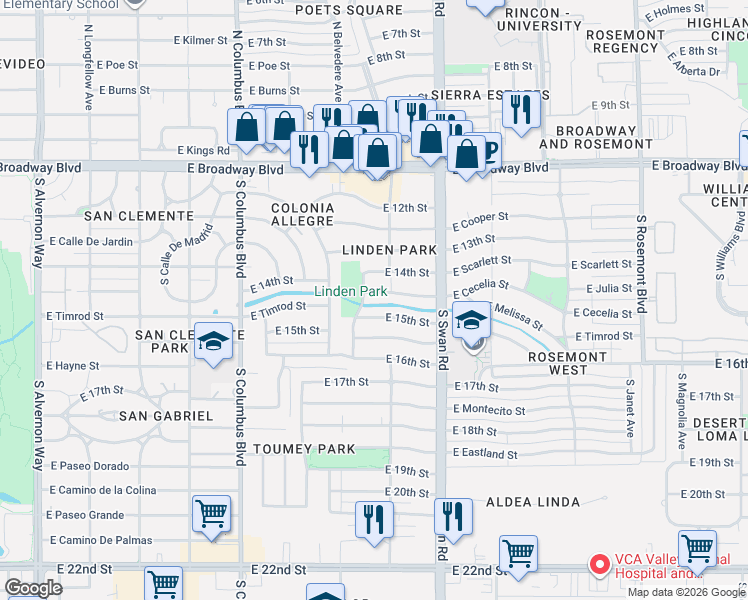 map of restaurants, bars, coffee shops, grocery stores, and more near 4547 East Timrod Street in Tucson