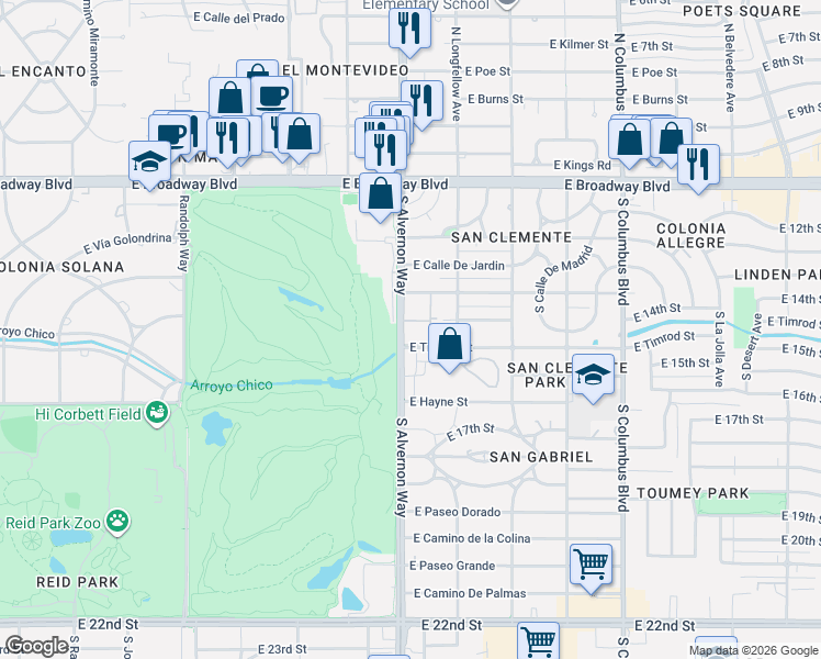 map of restaurants, bars, coffee shops, grocery stores, and more near 8 7th Street in Tucson