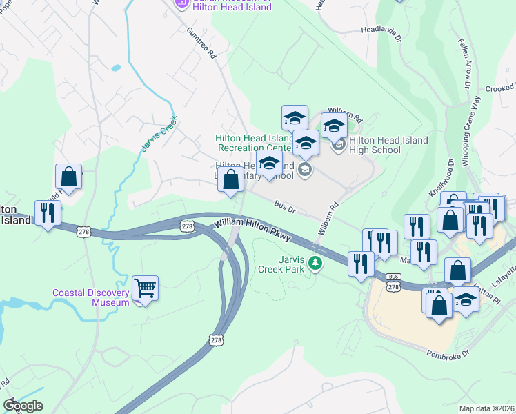 map of restaurants, bars, coffee shops, grocery stores, and more near 2 Gumtree Road in Hilton Head Island
