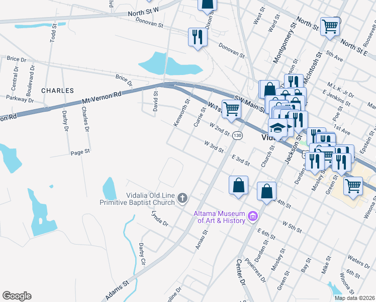 map of restaurants, bars, coffee shops, grocery stores, and more near 406 Currie Street in Vidalia