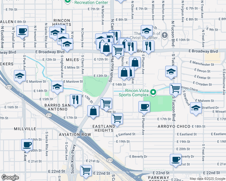 map of restaurants, bars, coffee shops, grocery stores, and more near 446 South Campbell Avenue in Tucson