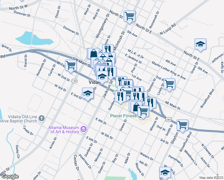 map of restaurants, bars, coffee shops, grocery stores, and more near 300 1st Street in Vidalia