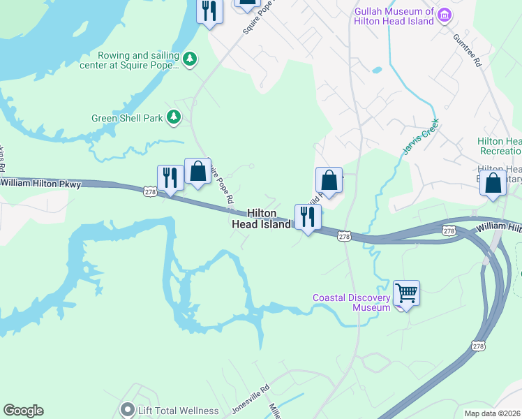 map of restaurants, bars, coffee shops, grocery stores, and more near 137 William Hilton Parkway in Hilton Head Island