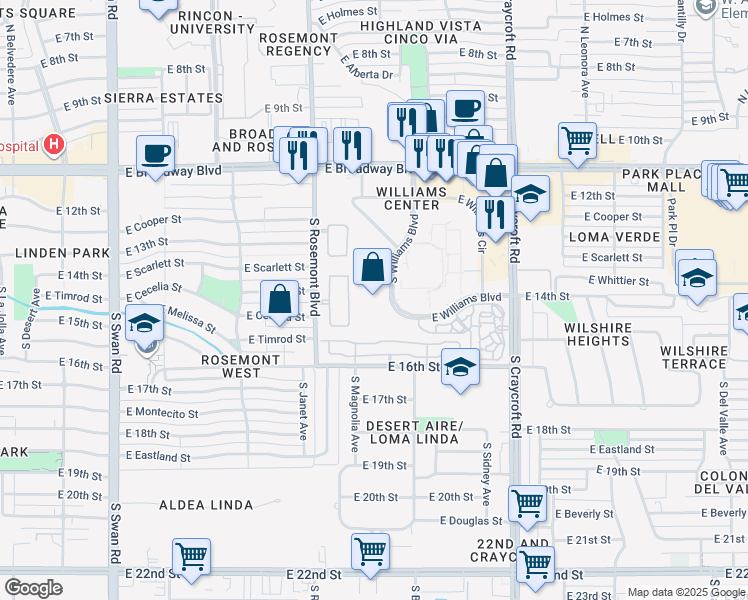 map of restaurants, bars, coffee shops, grocery stores, and more near 350 South Williams Boulevard in Tucson