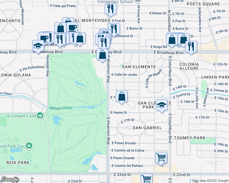 map of restaurants, bars, coffee shops, grocery stores, and more near 8 7th Street in Tucson