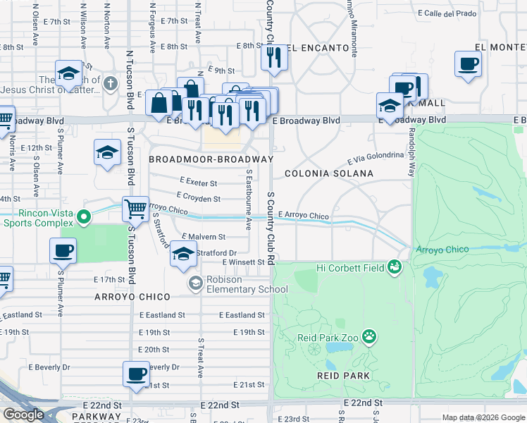 map of restaurants, bars, coffee shops, grocery stores, and more near in Tucson