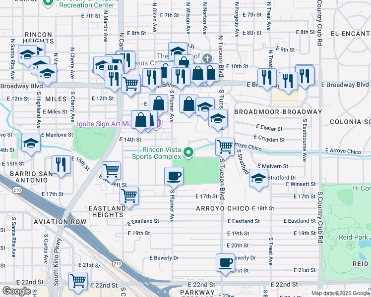 map of restaurants, bars, coffee shops, grocery stores, and more near 2229 East Parkway Terrace in Tucson
