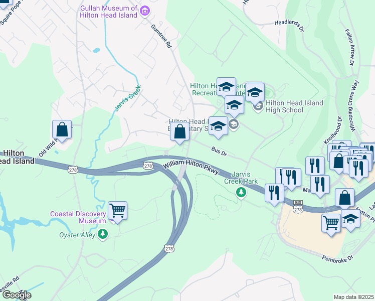 map of restaurants, bars, coffee shops, grocery stores, and more near 2 Gumtree Road in Hilton Head Island
