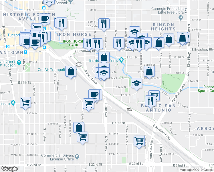 map of restaurants, bars, coffee shops, grocery stores, and more near 445 South Park Avenue in Tucson
