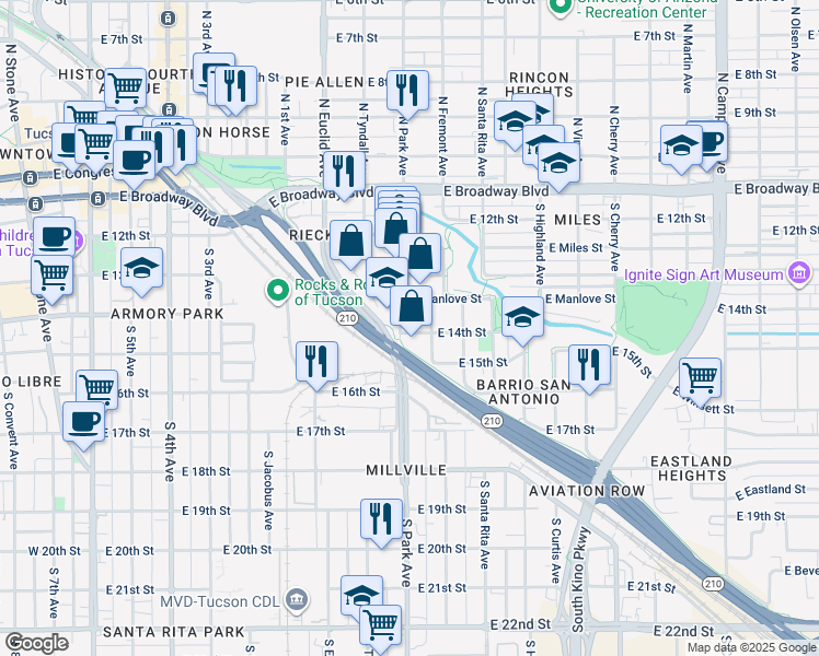 map of restaurants, bars, coffee shops, grocery stores, and more near 445 South Park Avenue in Tucson