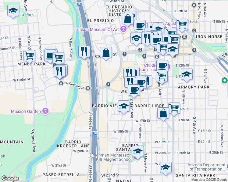 map of restaurants, bars, coffee shops, grocery stores, and more near 495 West Cushing Street in Tucson