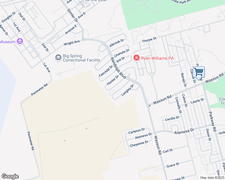 map of restaurants, bars, coffee shops, grocery stores, and more near 2597-2607 Hunter Drive in Big Spring