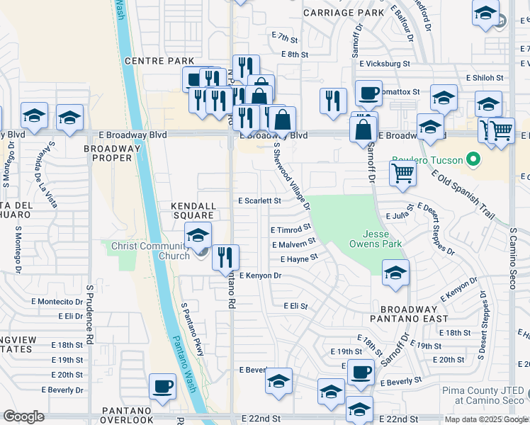 map of restaurants, bars, coffee shops, grocery stores, and more near 8001 East Julia Street in Tucson
