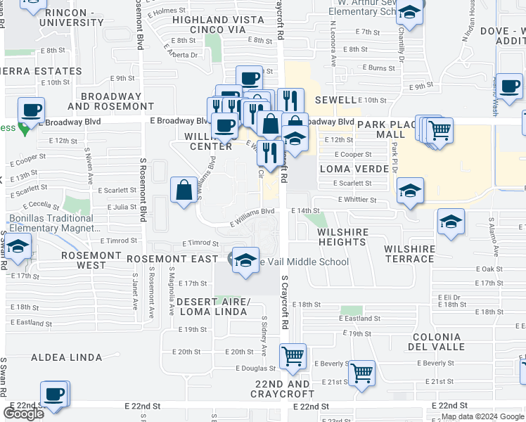 map of restaurants, bars, coffee shops, grocery stores, and more near 5411 East Williams Boulevard in Tucson
