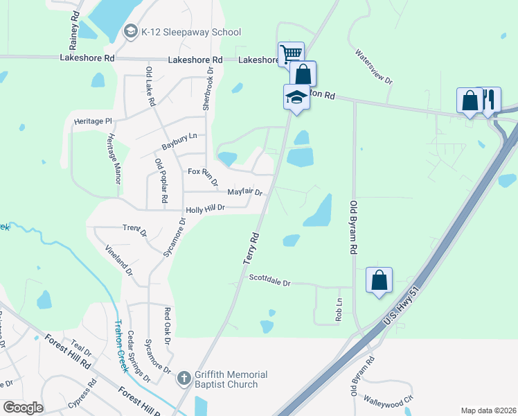 map of restaurants, bars, coffee shops, grocery stores, and more near 113 Holly Hill Drive in Jackson
