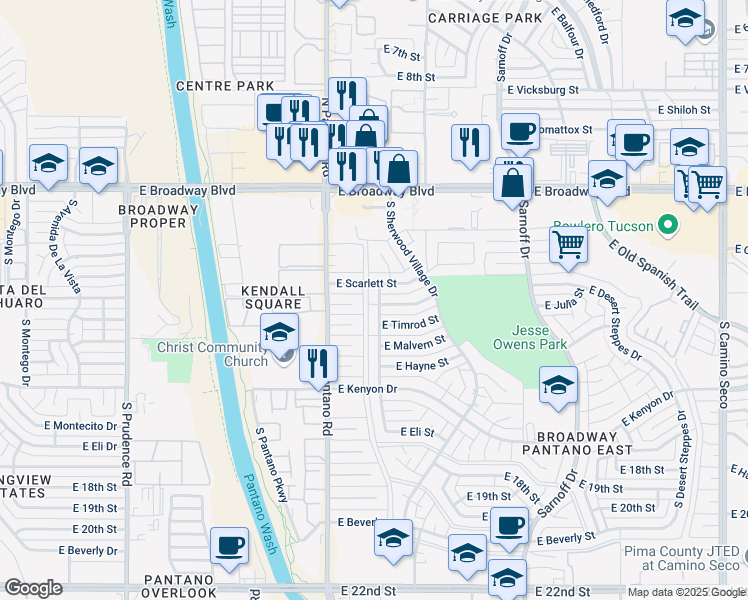 map of restaurants, bars, coffee shops, grocery stores, and more near 8001 East Julia Street in Tucson