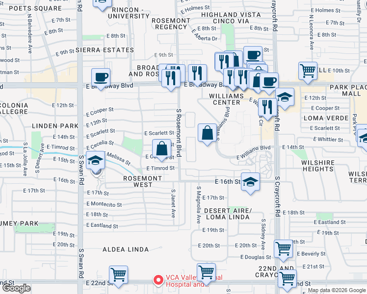 map of restaurants, bars, coffee shops, grocery stores, and more near 353 South Vía De Los Campos in Tucson