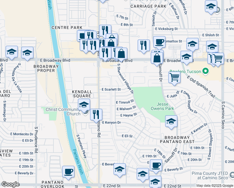 map of restaurants, bars, coffee shops, grocery stores, and more near 8001 East Julia Street in Tucson