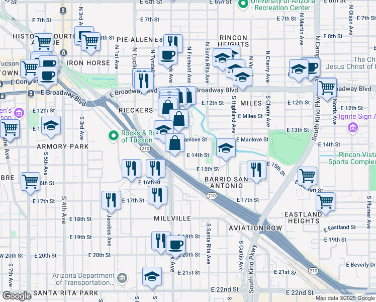 map of restaurants, bars, coffee shops, grocery stores, and more near 435 South Fremont Avenue in Tucson